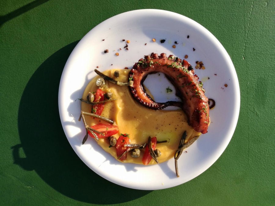 plate with octopus with tomatoes sauce at 'Manalis Winery' restaurant